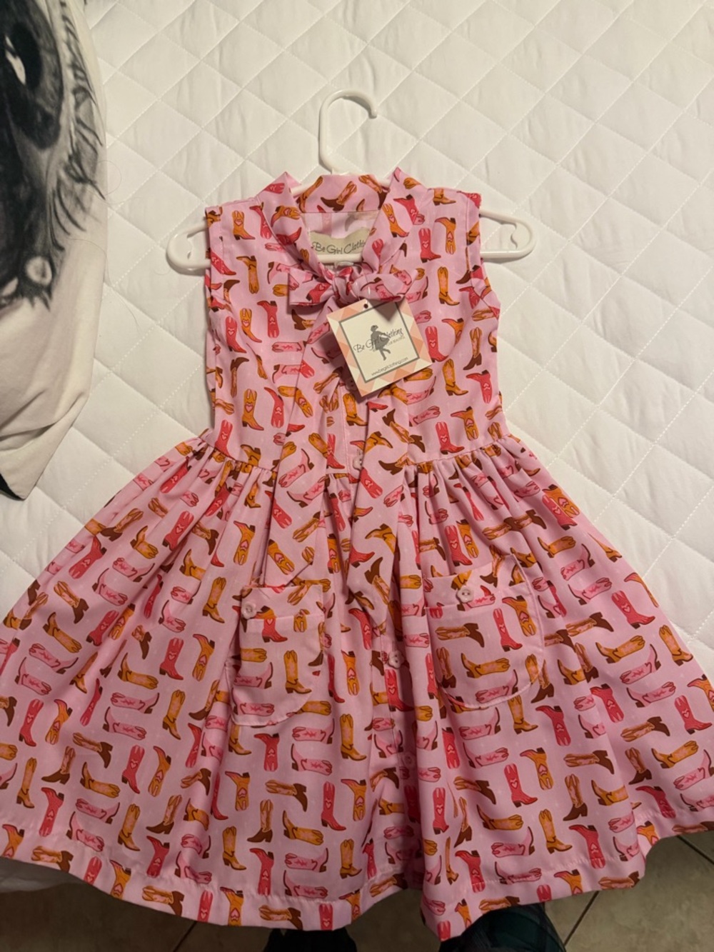 Girls Pink Cowboy Boot Print Dress